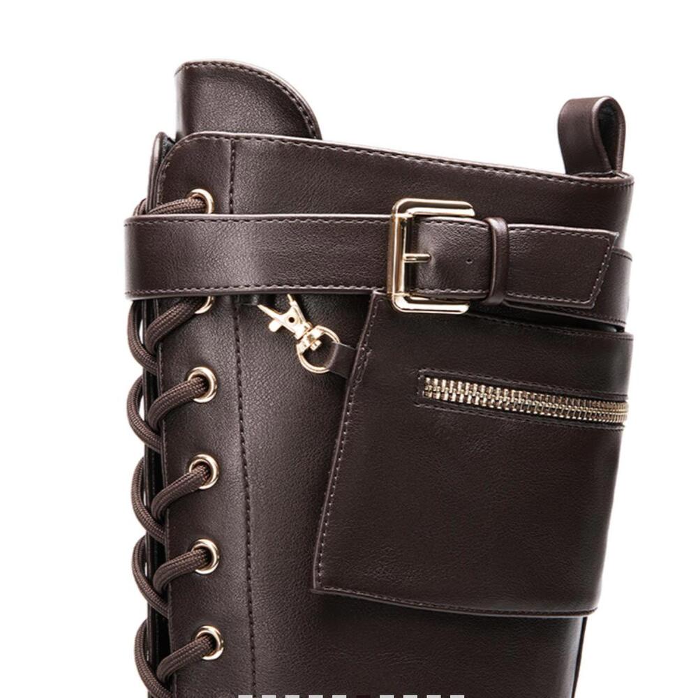 Dream Pairs Black Lace-Up Combat Moto Boots with Side Pocket - Picture 6 of 16